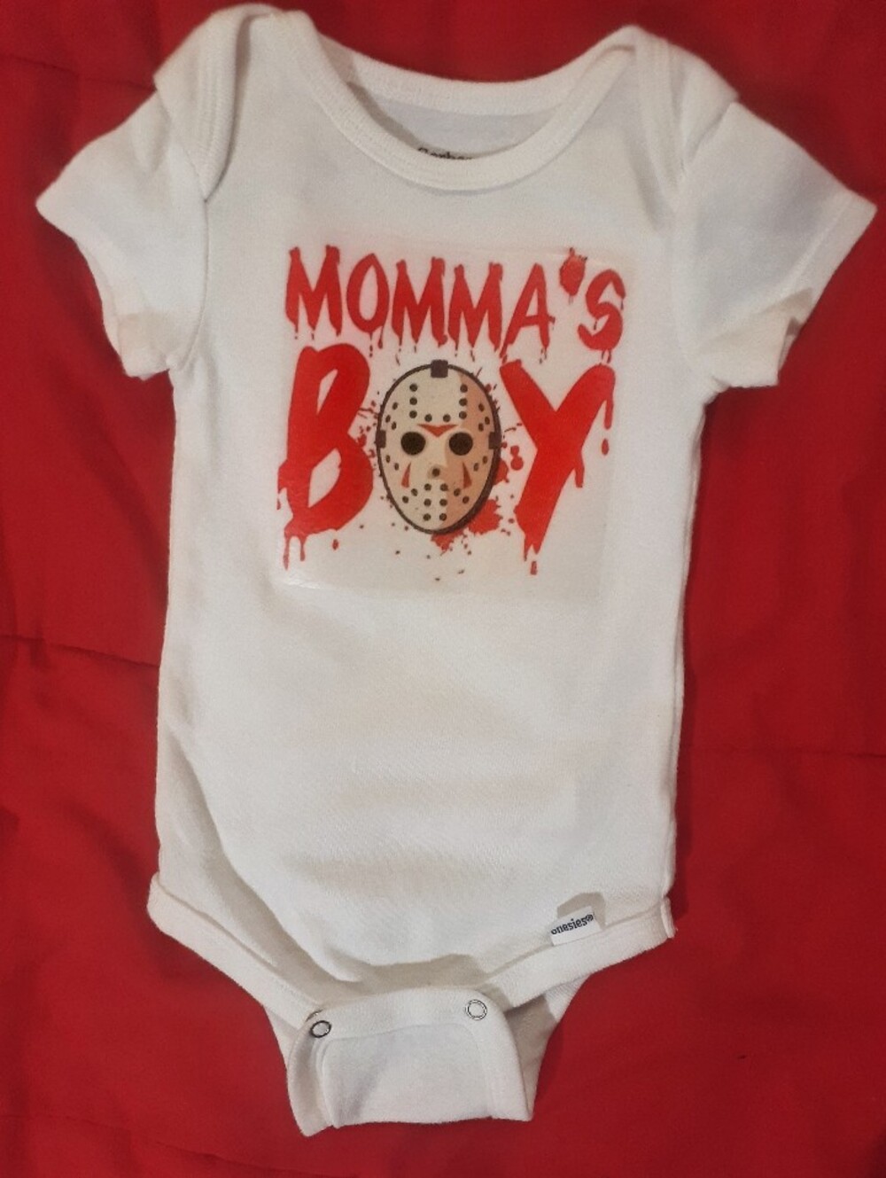 Custom made Momma's Boy White Baby One-Piece with Red Graphic